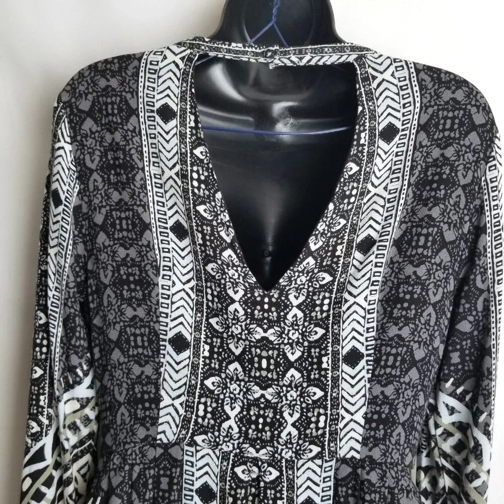 Free People Teagan Boho Tribal Print Mini Dress Bell Sleeves Black White Size S